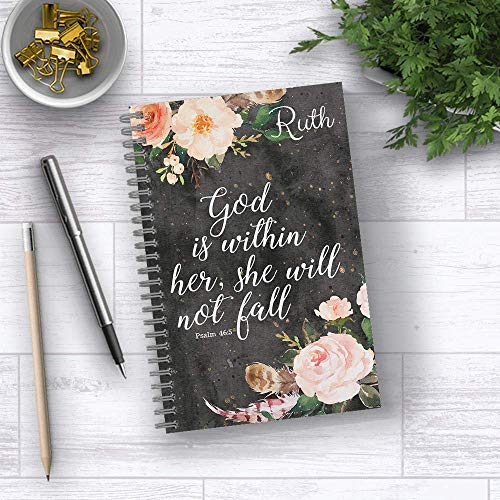 She Will Not Fall Personalized Religious Notebook/Journal, Laminated Soft Cover, 120 College Ruled pages, lay flat wire-o spiral. Size: 5.5" x 8.5". Made in the USA