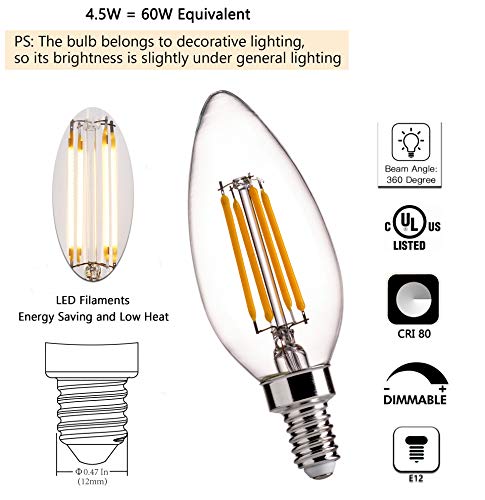 B11 E12 Base 60W Equivalent LED Chandelier Light Bulbs - FLSNT Dimmable Clear LED Filament Candle Bulbs, 4.5W, 2700K Soft White - 6 Pack