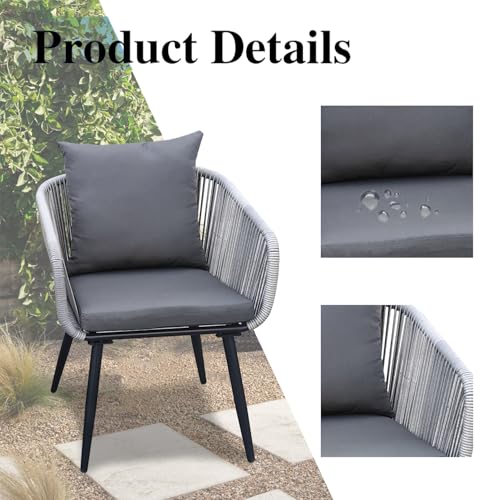 YIYAN 3 Piece Patio Bistro Set, Wicker Outdoor Patio Set with Enhanced Comfort Seating, Round Glass Top Coffee Side Table, Patio Rattan Conversation Set for Balcony, Lawn, Garden, Backyard (Gray)