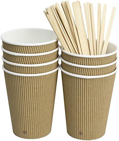 40 Count Insulated Ripple Hot Paper Coffee Cups with 7-Inch Wood Stirrers Coffee Stir Sticks - Perfect for Your Coffee/Tea, No Sleeves Needed (12 Ounce, Brown)