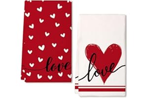 ARKENY Valentine Day Kitchen Towels Red Heart Dish Towels 18x26 Inch Ultra Absorbent Wedding Drying Cloth Love Sign Hand Towel for Valentine Decorations Set of 2