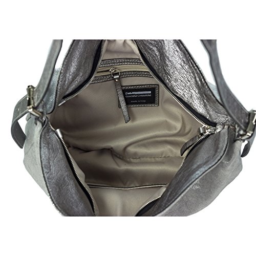 Gianni Chiarini Italian Made Coated Silver Canvas & Leather Hobo Bag