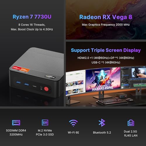 BOSGAME P4 Ultra Windows 11 Pro Business Mini PC AMD Ryzen 7 7730U, 8 Core, 16 Threads, Up to 4.5GHz, 16GB DDR4 RAM, 1TB SSD, Triple Display 4K@60Hz, HDMI, Type-C, USB3.2, LAN, Wi-Fi 6E, BT5.2