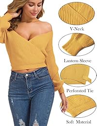 LOMON suéter de punto con cuello en V profundo para mujer, de manga larga, con envoltura cruzada, parte delantera suelta