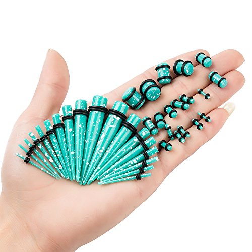 36Pcs Ear Gauge Stretching Kit Polka Dot Acrylic Tapers and Plugs Set Eyelet 14G-00G (Aqua)