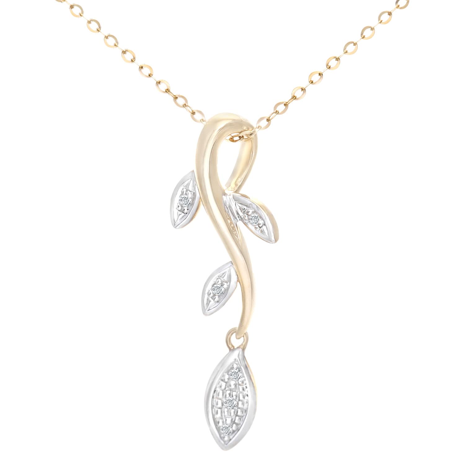 Elegano 9ct Yellow Gold 46 cm Women’s Necklace – Diamond Set Leaves Branch Pendant