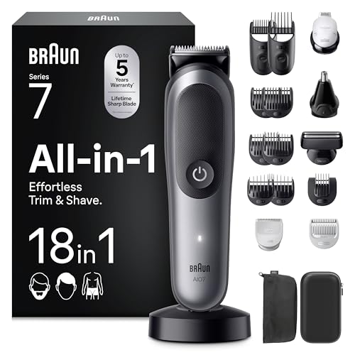 Braun Recortadora Todo en Uno Series 7 AIO7585, Kit de Styling 18en1 para Barba, Pelo, Orejas, Nariz Y Cuerpo, 120 Min de Autonomía, Cortapelos Hombre con Lámina Ultra Afilada, Gris