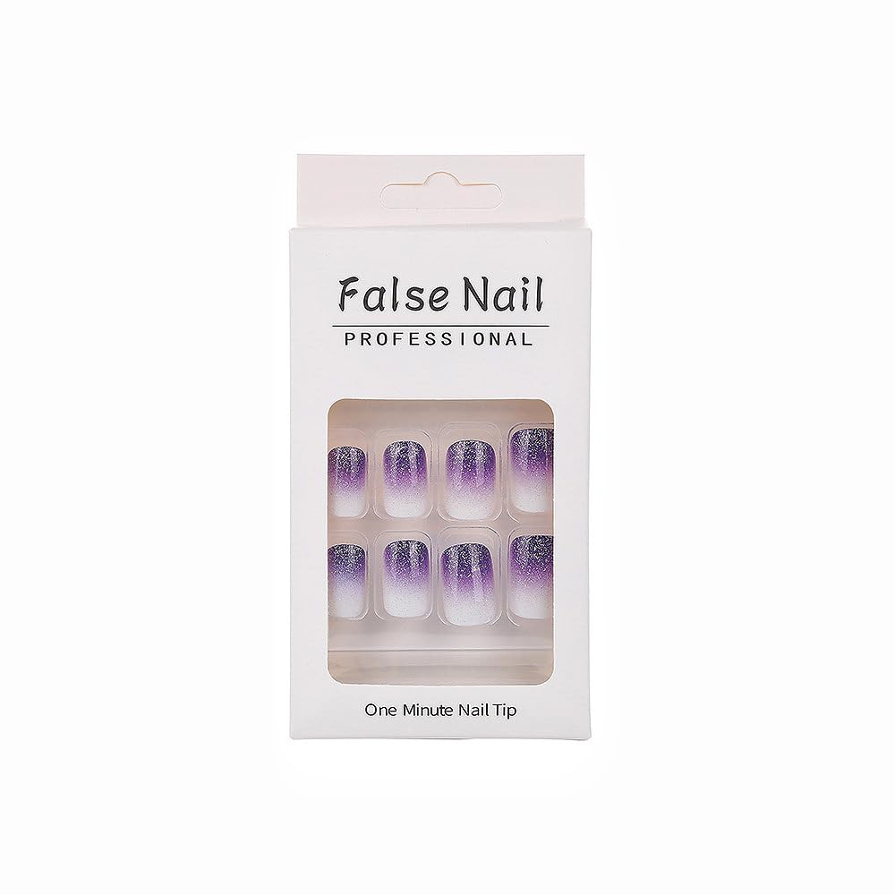 Rilafuvu Square Press on Nails Short Fake Nails Purple Gradient Glue on Nails Glitter Acrylic Nails Glossy False Nails Press on Nails for Women and Girls 24Pcs - Image 5