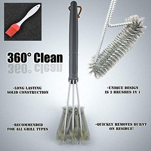 iBayx BBQ Grill Brush - Stainless Steel BBQ Cleaner Tool with 3-Branch Barbecue Bristles and Long Handle for Cooking Grates, Racks & Burner