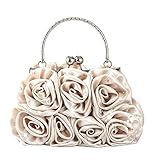 Emour Women Satin Rose Rhinestone Pure Color Handbag Evening Bags Wedding Handbags Carved Handle (Champagne)