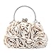 Emour Women Satin Rose Rhinestone Pure Color Handbag Evening Bags Wedding Handbags Carved Handle (Champagne)