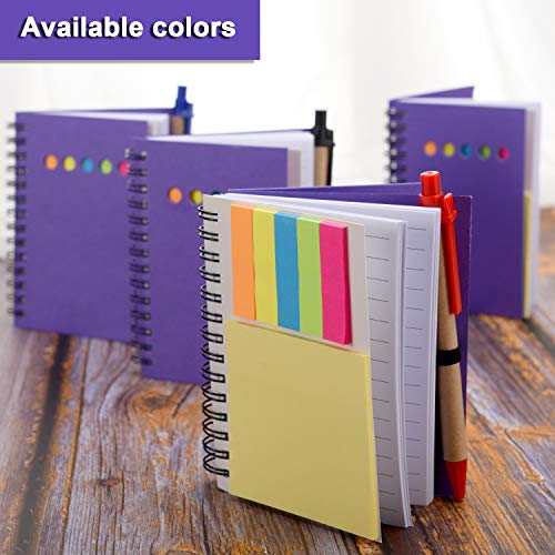 Maxdot 4 Pieces Kraft Paper Steno Pocket Business Notebook Spiral Lined Notepad Set with Pen in Holder, Sticky Colored Notes Page Marker Tabs (Purple Cover) - Thumbnail 2