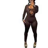 LXUAMR Jumpsuits for Women Sexy Deep V Neck Long Sleeve Jumpsuit Cut Out Bodycon Jumpsuit Going Out Outfits