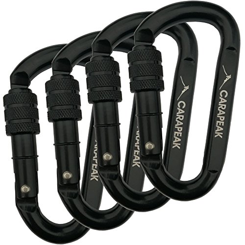 CARAPEAK 30kN Heavy Duty Screwgate Locking Snag-Free 4 Pack Set D Shape Carabiner, Strong Steel Clip for Gym, Hammock, Hunting Black - Thumbnail 3