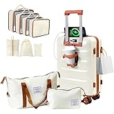 YANQIAO 20” Suitcase Set 10 Pcs, Airline Certified Luggage, Carry-on Luggage with Cup Holder and USB Port, Suitable for Business, Traveling (Luggage + 2 Travel Bags, 7 Organizer Bags, White)