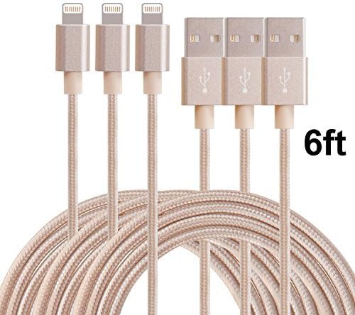 Red Gem 3Pack Nylon Braided Lightning Cable USB Cord Charging Cable for iphone 6s, 6s plus, 6plus, 6,5s 5c 5,iPad Mini, Air,iPad5,iPod. Compatible with iOS9.(GOLD) (6FT)