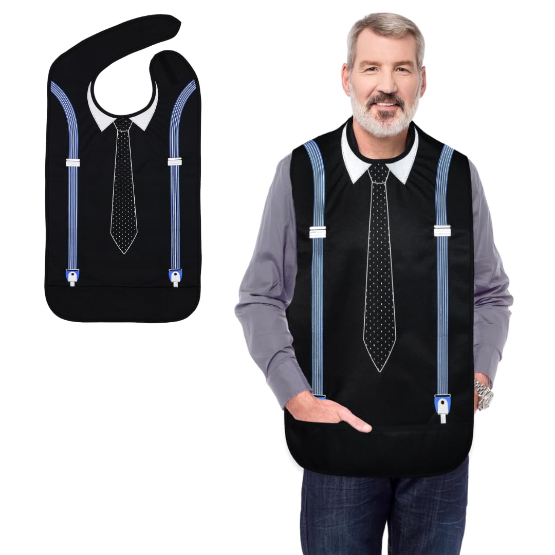 Modaliv Adult Bib for Men – Waterproof Reusable Clothing Protector with Crumb Catcher for Mealtimes | Extra Coverage Senior Dining Bib for Elderly & Disabled | Machine Washable (Tie & Suspenders)