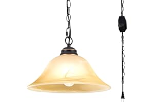 SHENGQINGTOP Plug in Pendant Light Fixture with Retro Alabaster Glass Shade, Black & Gold Hanging Lamp with Dimmable Switch,16.4Ft Cord & 14.7Ft Chain for Kitchen Sink Corner Nook