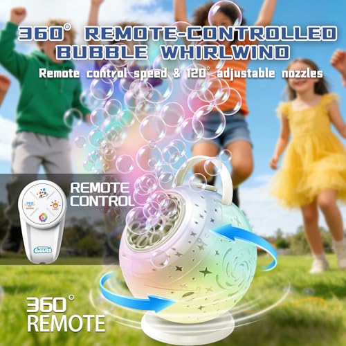 Rechargeable Bubble Machine 360° Rotation LED Lights, Automatic Bubble Blower for Outdoor Party Birthday Gift for Kids