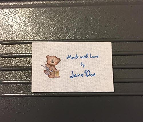 40 Custom fabric flat sew on sewing labels with cuddly bear and scissors graphic