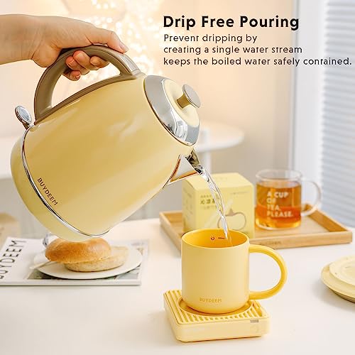 BUYDEEM K640 Stainless Steel Electric Tea Kettle with Auto Shut-Off and Boil Dry Protection, 1.7 Liter Cordless Hot Water Boiler with Swivel Base, 1440W (Mellow Yellow)