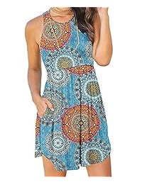 GSFANG vestido de verano sin mangas con estampado de flores, vestido de playa con bolsillos, para mujer