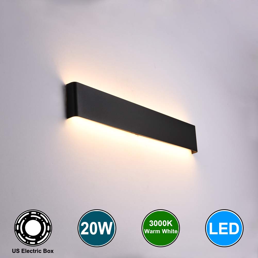 Aipsun 20W/24in Rectangular LED Wall Mount Sconce Modern Horizontal Up and Down Wall Lamp for Indoor Vanity Bar Light Pathway Bedroom Living Room Bathroom Home Lighting Fixtures (Black,Warm White)