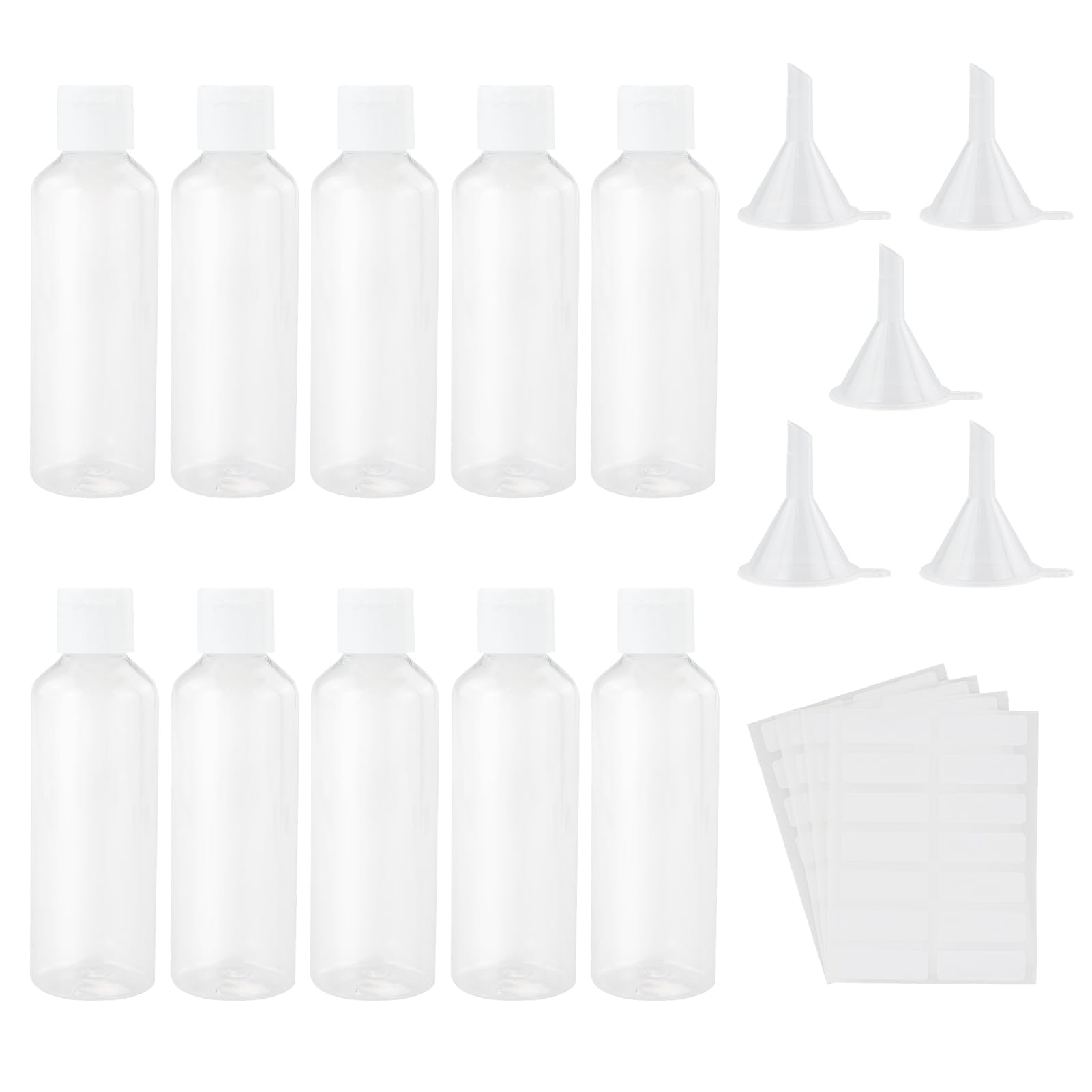 10pcs 100ml Clear Plastic Bottles - Transparent Empty Refillable Cosmetic & Travel Bottles Set with Labels & 5pcs Small Funnels