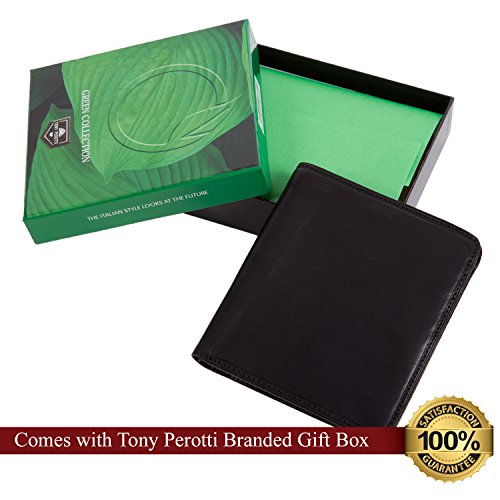 Tony Perotti Mens Italian Cow Leather [Personalized Initials Embossing] Classic Hipster Bifold Wallet with ID Window in Black - Thumbnail 6