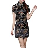Cheongsam Dress for Women Qipao Slim Fit Short Sleeve Bodycon Mandarin Collar Side Slit Chinese Floral Print Dragon Dress