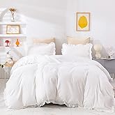 CLOTHKNOW White Ruffles Full Size Comforter Sets 3Pcs Farmhouse Bedding Comforter Sets Boho Comforter Vintage Rustic Shabby Chic Comforters