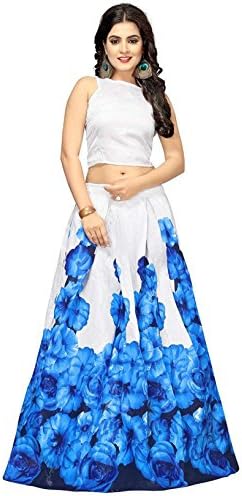 Arawins Womens Digital Floral Printed Banglori Satin Silk Anarkali Lehenga Choli (GulabBlue_Blue_Free Size_Semi Stitched)