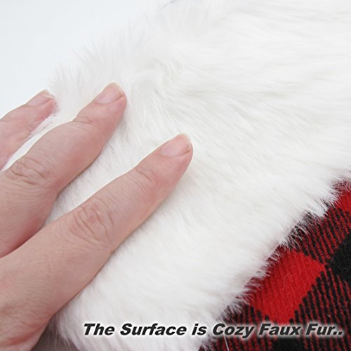 EDLDECCO 20.5 inch Christmas Snowy White Faux Fur Red and Black Plaid Stocking for Holiday party decorations gift-One Piece - Thumbnail 2
