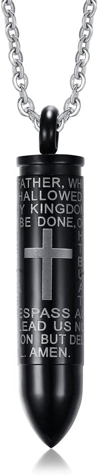 VNOX Men's Stainless Steel English Lord Prayer Cross Bible Verse Bullet Pendant Ash Urn Necklace for Baptism