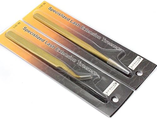5 colors 2pcs/lot Straight+Curved Tweezer for Eyelash Extensions Stainless Steel Nail Rhinestone Nippers (Gold)