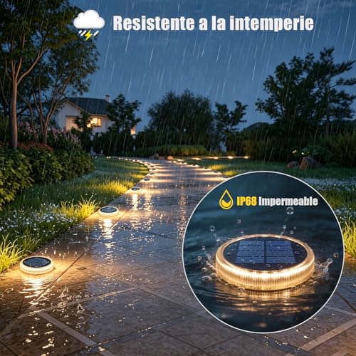 YiLaie Twilight Solar Lights Outdoor Garden 24 LEDs, 11 cm Solar Beacon Circular Floor Adhesive Lighting 360°, IP68 Waterproof for Path, Parking, Stairs, Sidewalk, Warm White (8 Pack)