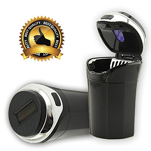 Car Ashtray, Solar Powered Lighting Detachable Stainless Car Ashtray, Auto Cigarette Ashtray with Blue LED Light, Car Ashtray with Lid for Most Cup Holder (Solar+Sliver)