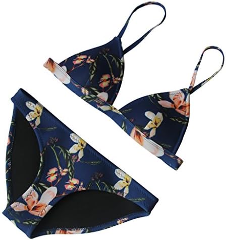 SISSIJOE Women Floral Triangle Neoprene Suit Top &amp; Bottom Bikini Swimsuit Swimwear Blue Small