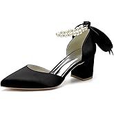 HKMFLYY Women's Pointed Toe Pearl Wedding Shoes for Bride Low Heels Satin Heels with Bow Bridal Shoes Chunky Block Heels Comfortable Dance Shoes Pumps