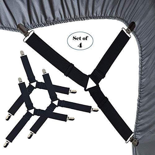 RayTour Bed Sheet Holder Straps, Adjustable Bed Sheet Fastener and 3 Way Mattress Cover Holder Fasteners The Triangle Bed Sheet Keeper with Heavy Duty Grippers Clips (Triangle – Black- Set of 4)