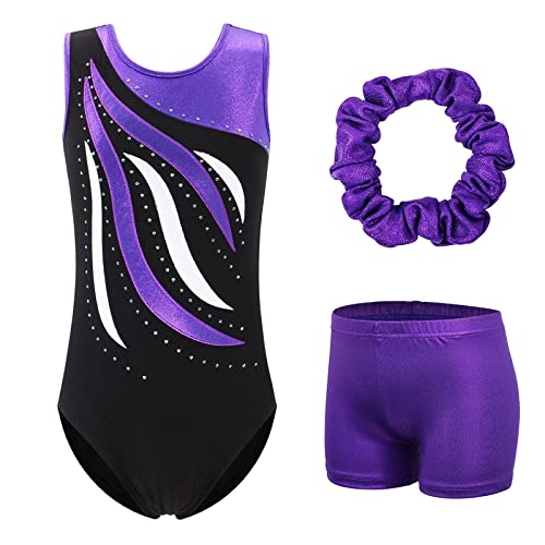 Photo 1 of BAOHULU Leotards for Girls Gymnastics Embroidery Glitter Tumbling Shorts Bottoms KHB179_BlackPurple_14A