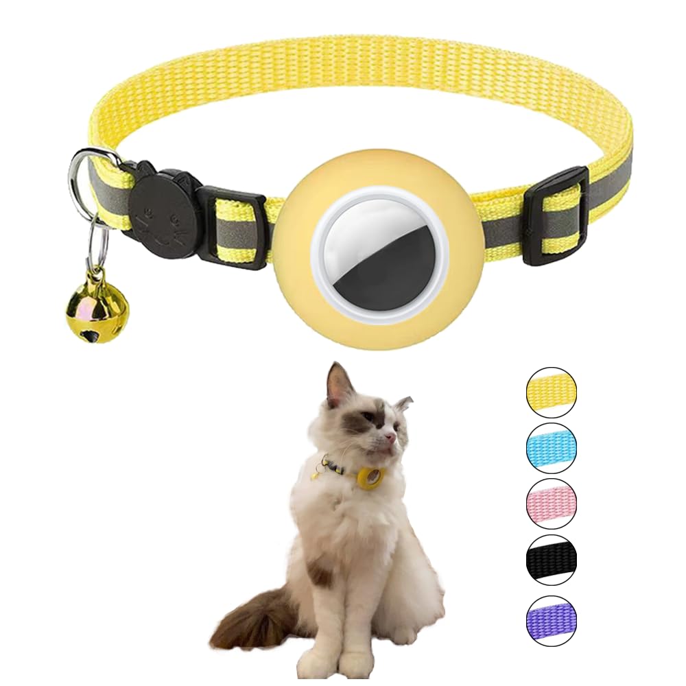 Hepplly Reflective Airtag Cat Collar with Bell and Airtag Holder, Compatible with Airtag, Cat Collar with Fragile Safety Buckle for Kittens, Cat (Yellow)