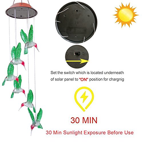 LED Solar Wind Chime - Outdoor Waterproof Solar Powered LED Changing Light Color Mobile Six Hummingbird Wind Chimes For Home,Party,Festival Decor,Valentines Gift,Night Garden Decoration (Hummingbird) - Thumbnail 2