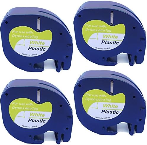 4 Pack Black on White PlasticTape use for DYMO LetraTag 91331 (91201 91221 59422 S0721660) (1/2 Inch x 13 Feet)