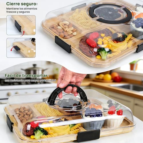 Tabla de Quesos con Tapa Transparente Antipolvo, Tabla Charcuteria Portátil con Asa y Seguro, 6 Divisiones, Reversible de Bambú - Ideal para Picnics, Fiestas, Camping y como Regalo para Casa Nueva