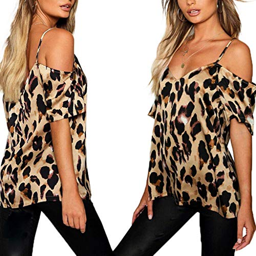CCatyam Plus Size Blouses for Women, Tops T Shirt Leopard Print Cold Shoulder Loose Sexy Fashion Brown