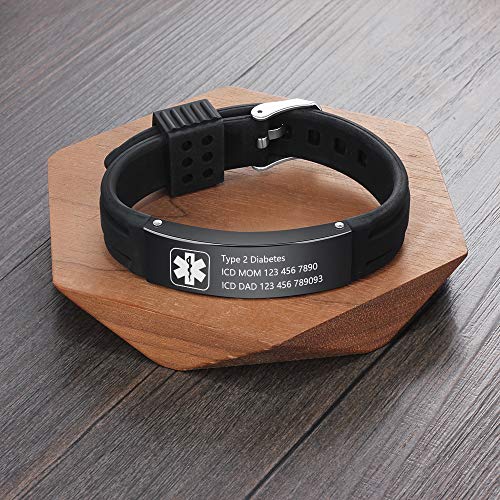 Personalized Silicone Adjustable Medical Alert Bracelets Waterproof Sport Emergency ID Bracelets