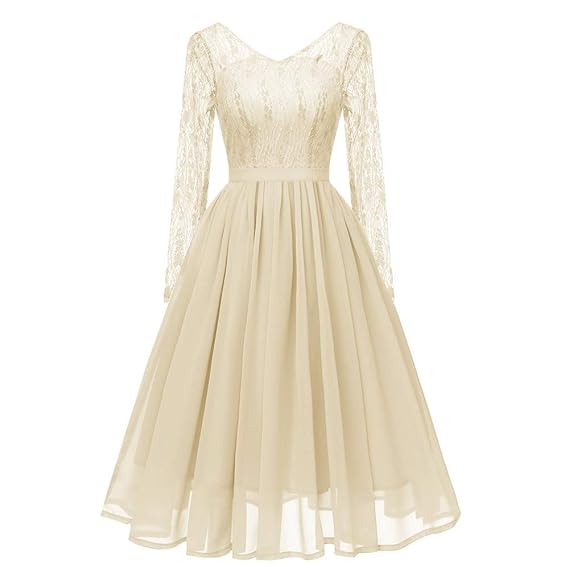 MAYOGO Kleid Damen Elegant Vintage 50er Spitze Kleid mit Tüll Langarm Cocktail Party Rockabill Kleider Abendkleid