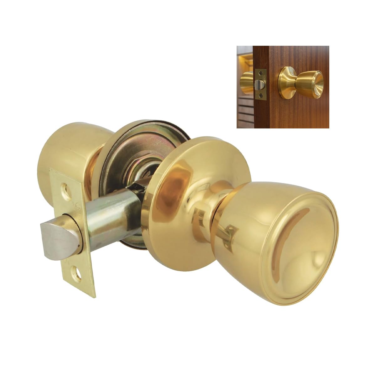 Amig - Cup Type Passage Knob | Set of knobs with Handles on Both Sides | Brass | Entry Latch 60/70 mm | Includes Fixings | for Wooden Doors | Square Edge Latch | Polished