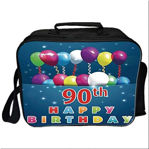 90th Birthday Decorations Lunch Box Portable Bag,Joyful Surprise Party Mood Best Wishes Balloons Swirls Age Ninety for Kids Boys Girls,10.6"Lx4.7"Wx8.2"H